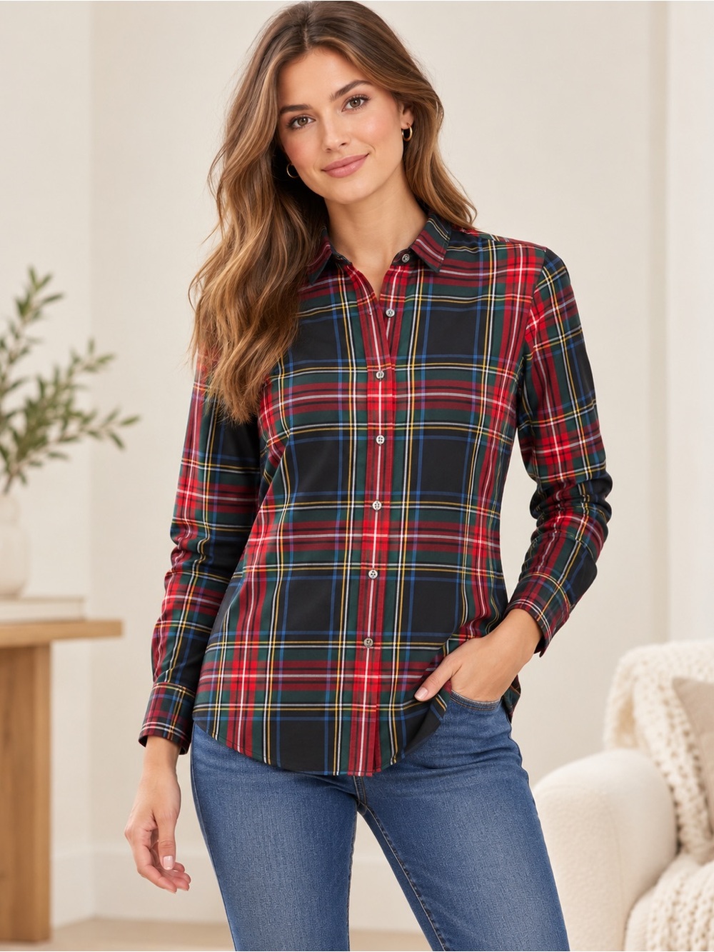 J. Crew Red & Black Plaid Button-Down Shirt with Blue and Yellow Accents
